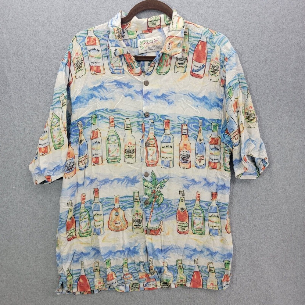 VTG THUMBS UP shirt XL RAYON HAWAIIAN CAMP LIQUOR BOTTLES ALCOHOL BAR TROPICAL